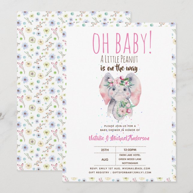 Invitación Oh Baby A Little Peanut Boho Elephant Boho Flores (Anverso / Reverso)