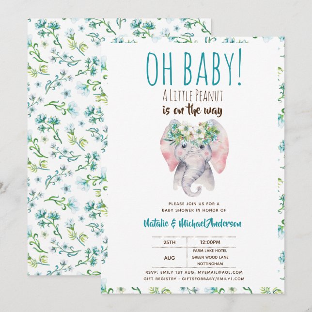 Invitación Oh Baby A Little Peanut Elephant Baby Shower Boho (Anverso / Reverso)