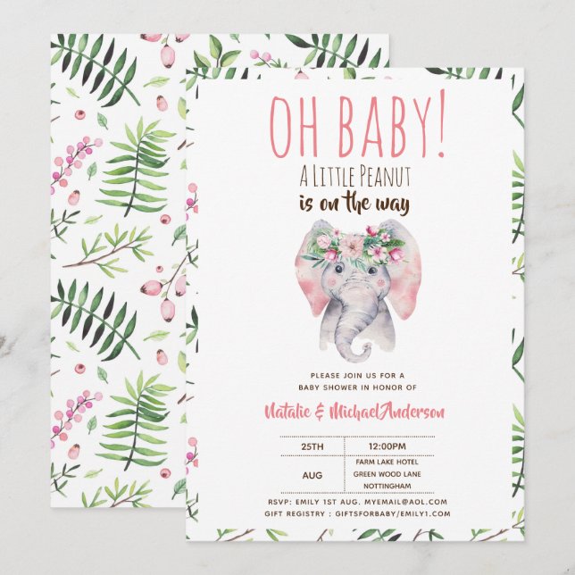 Invitación Oh Baby A Little Peanut Elephant Baby Shower Boho (Anverso / Reverso)