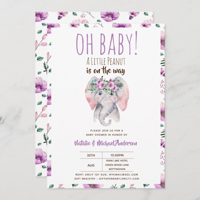 Invitación Oh Baby A Little Peanut Elephant Baby Shower Boho (Anverso / Reverso)