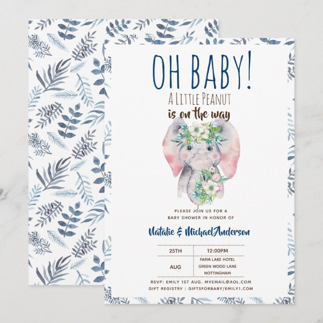 Invitación Oh Baby A Little Peanut Elephant Boho Floral Moda (Anverso / Reverso)