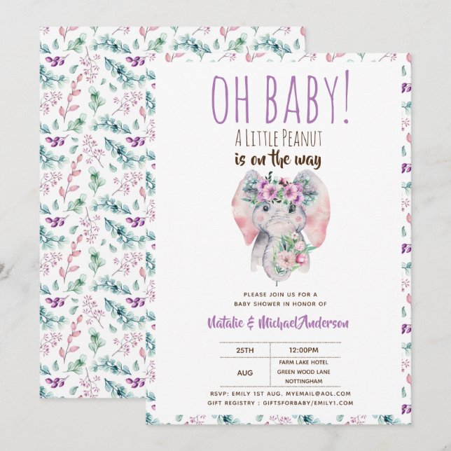 Invitación Oh Baby A Little Peanut Elephant Boho Floral Moda (Anverso / Reverso)