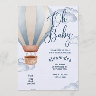 Invitación Oh Baby Azul Aquarela Globo Aerostático Baby Showe