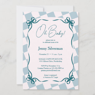 Invitación Oh Baby Azul Gingham Lazos Fiesta de Bebé