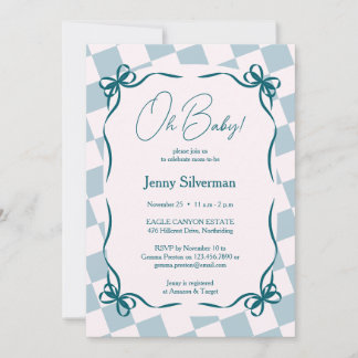 Invitación Oh Baby Azul Gingham Lazos Fiesta de Bebé