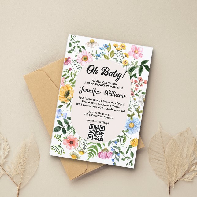 Invitación oh baby, baby ducha qr código flores silvestres fl (Subido por el creador)