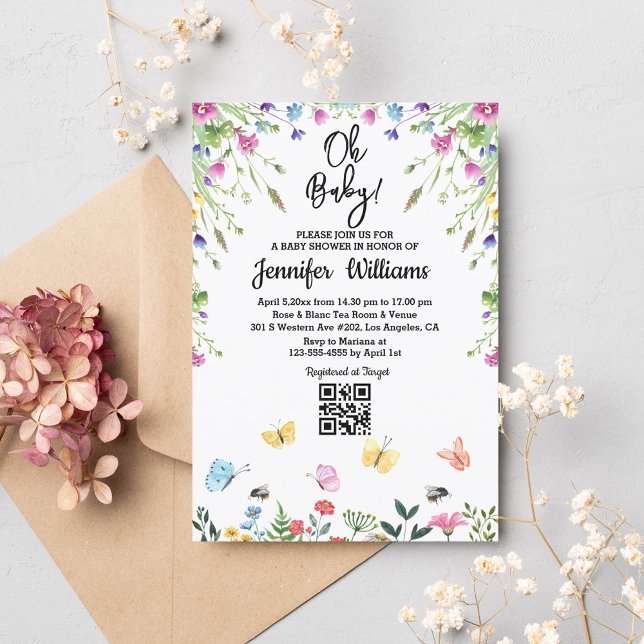 Invitación oh baby, baby ducha qr código flores silvestres fl (Subido por el creador)