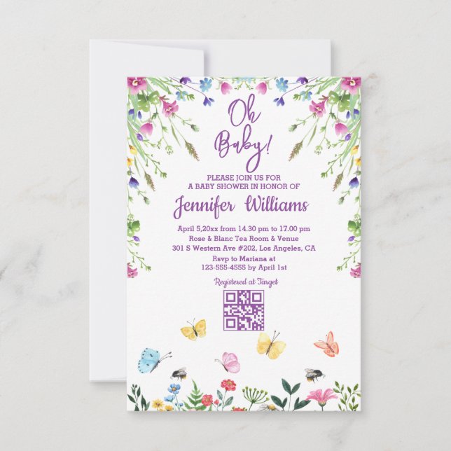 Invitación oh baby, baby ducha qr código púrpura floral (Anverso)