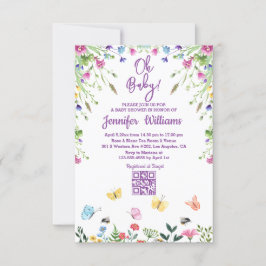 Invitación oh baby, baby ducha qr código púrpura floral
