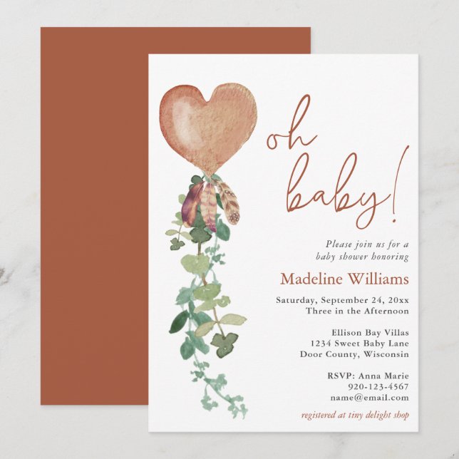 Invitación Oh Baby Balloon Eucalyptus Terracotta Baby Shower (Anverso / Reverso)