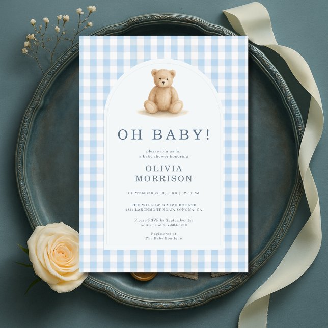 Invitación Oh Baby Bear Fiesta de Bebé en Cuadros Azules (Subido por el creador)
