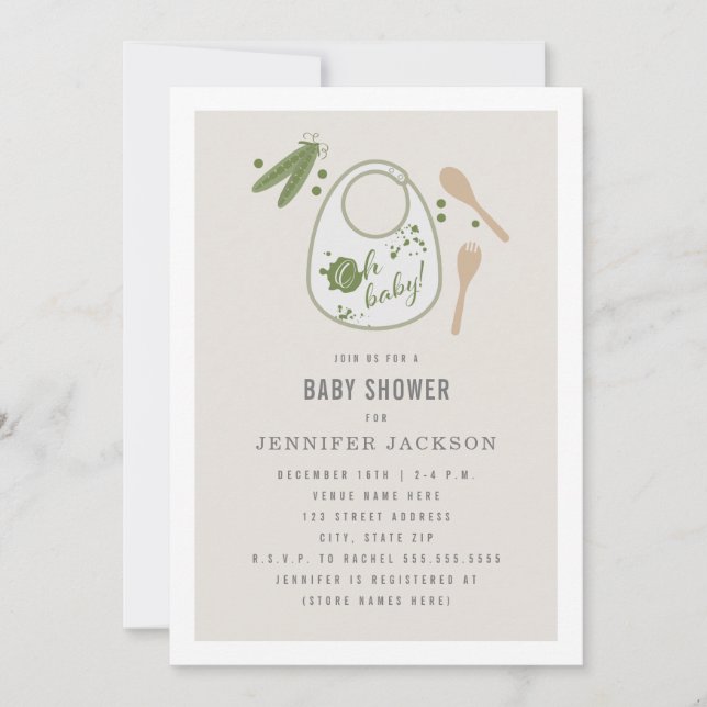 Invitación Oh Baby Bib Peas Fork Spoon Neutral Baby Shower (Anverso)