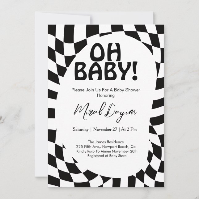Invitación Oh Baby! Black Checkered Modern Baby Shower  (Anverso)