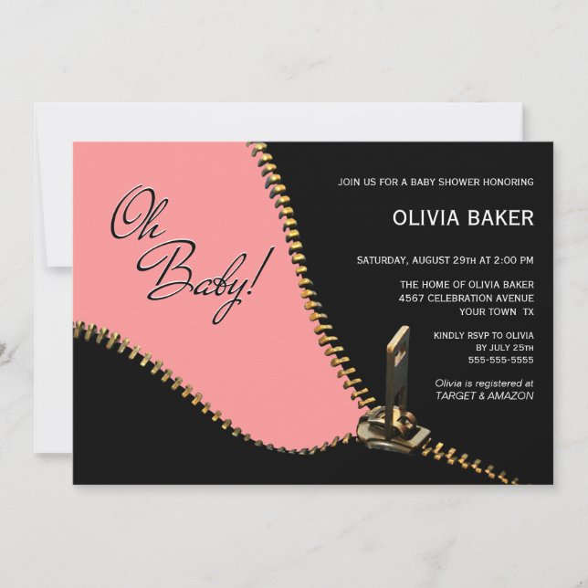 Invitación Oh Baby Black Pink con Baby Shower de Zipper Gold (Anverso)