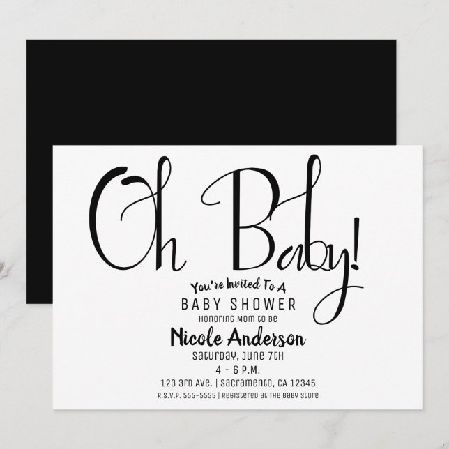 Invitación Oh Baby Black Script Modern Minimal Fiesta de Duch (Anverso / Reverso)