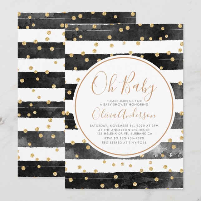 Invitación Oh Baby Black Stripe Purpurina Baby Shower (Anverso / Reverso)