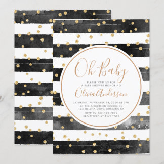 Invitación Oh Baby Black Stripe Purpurina Baby Shower
