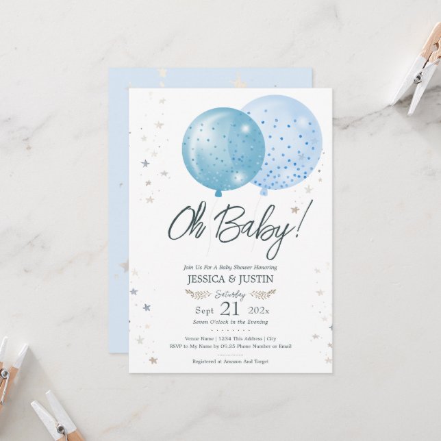 Invitación Oh Baby Blue Balloons Baby Shower (Anverso/Reverso In Situ)