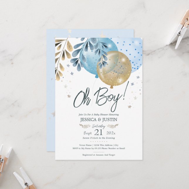 Invitación Oh Baby Blue Balloons Baby Shower (Anverso/Reverso In Situ)