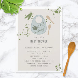 Invitación Oh Baby Blue Bib Peas Fork Spoon Boy Baby Shower
