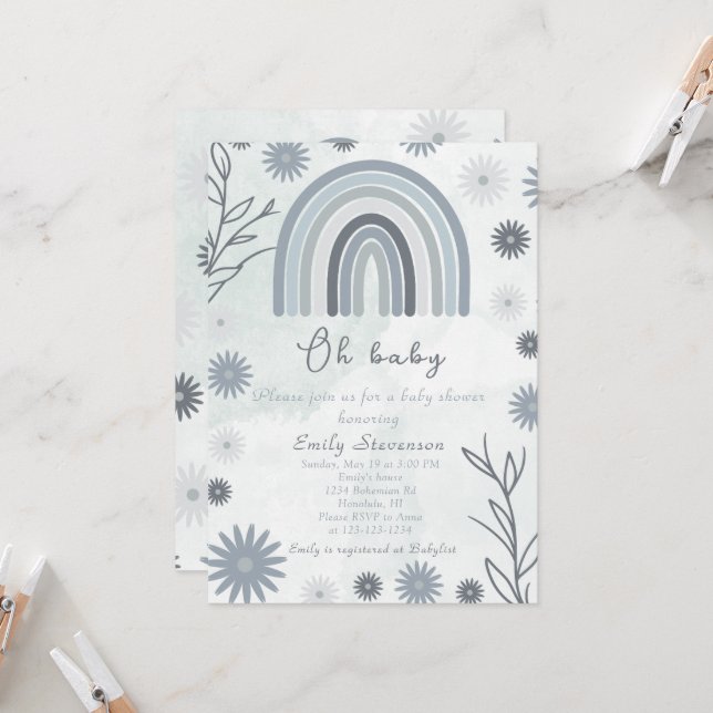 Invitación Oh Baby Blue Boho Floral Baby Shower (Anverso/Reverso In Situ)