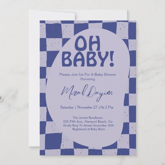 Invitación Oh Baby! Blue Checkered Modern Baby Shower (Anverso)