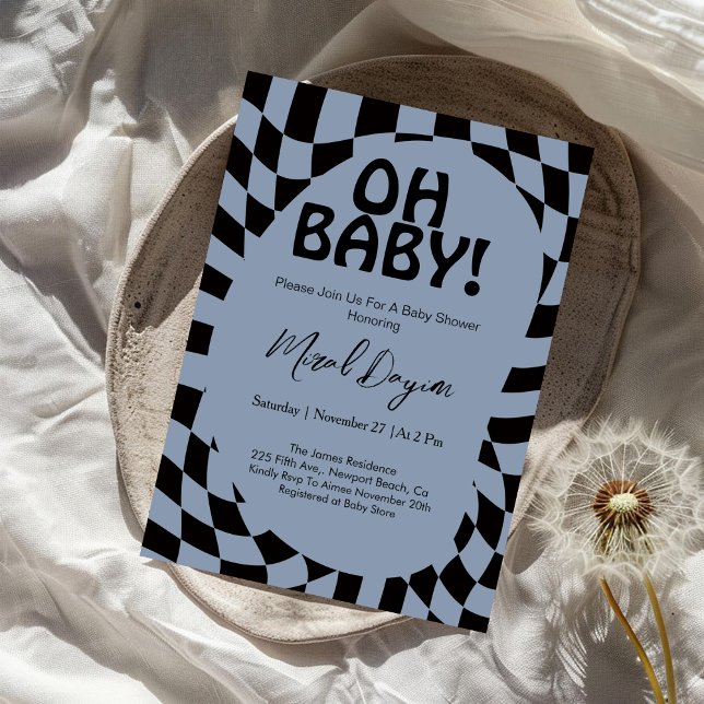Invitación Oh Baby! Blue Checkered Modern Baby Shower  (Subido por el creador)