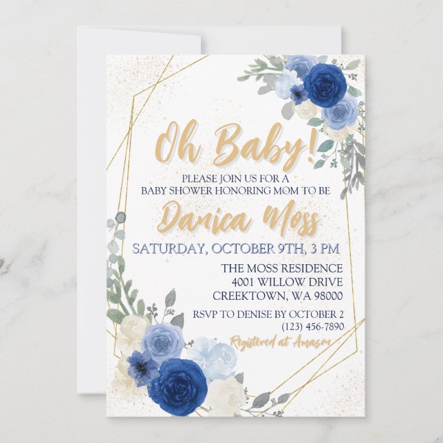 Invitación Oh Baby Blue Floral Baby Shower (Anverso)