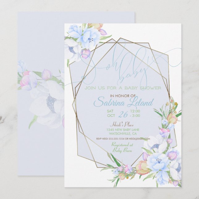 Invitación Oh Baby Blue Floral Baby Shower Crystal Frame (Anverso / Reverso)