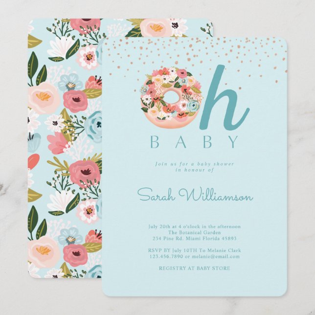 Invitación Oh Baby Blue Floral Botanut Baby Shower (Anverso / Reverso)