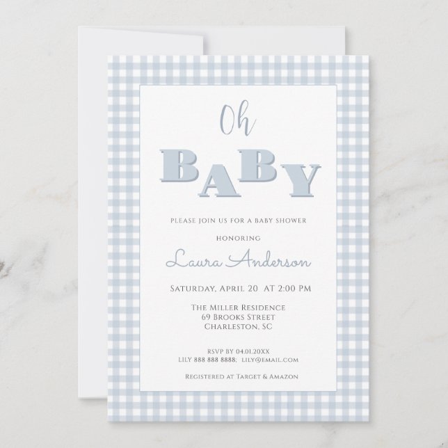 Invitación Oh Baby Blue Gingham Check (Anverso)