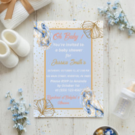 Invitación Oh Baby Blue Gold Ginkgo Leaf Baby Shower