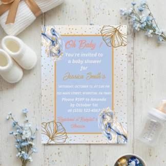 Invitación Oh Baby Blue Gold Ginkgo Leaf Baby Shower