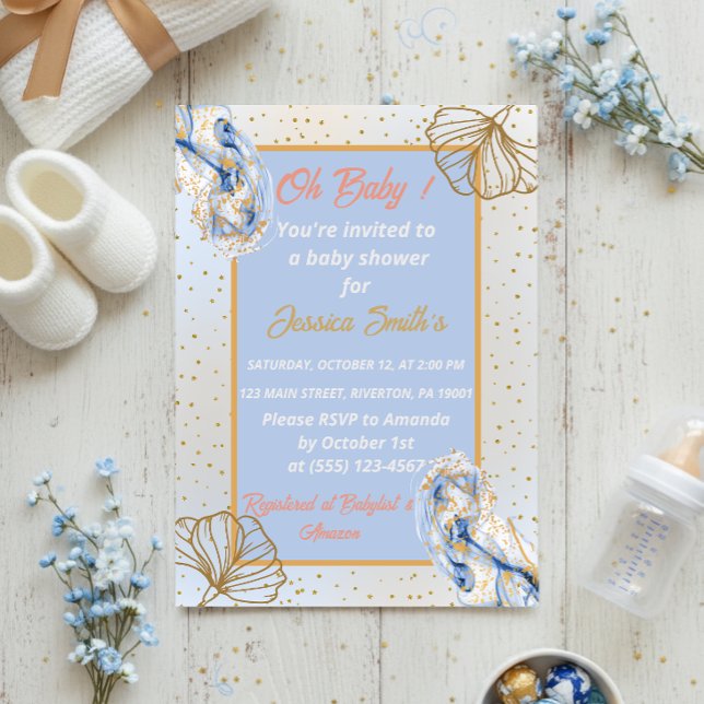 Invitación Oh Baby Blue Gold Ginkgo Leaf Baby Shower (Subido por el creador)