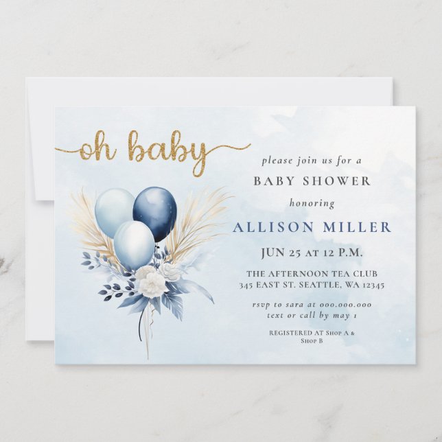 Invitación Oh Baby Blue Gold Pampas Boho Boy Baby Shower (Anverso)
