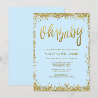 Invitación Oh Baby Blue Gold Purpurina Baby Shower