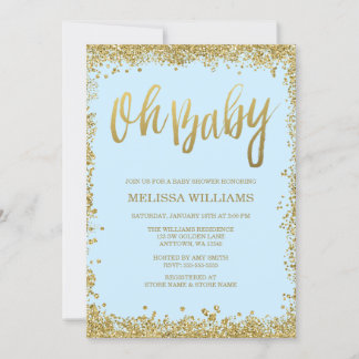 Invitación Oh Baby Blue Gold Purpurina Baby Shower