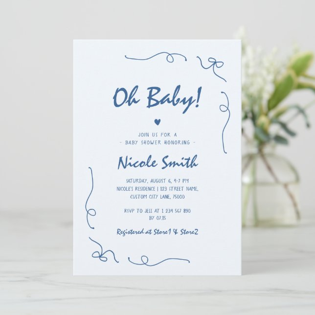 Invitación Oh Baby Blue Hand Drake French Boy Baby Shower (Anverso de pie)