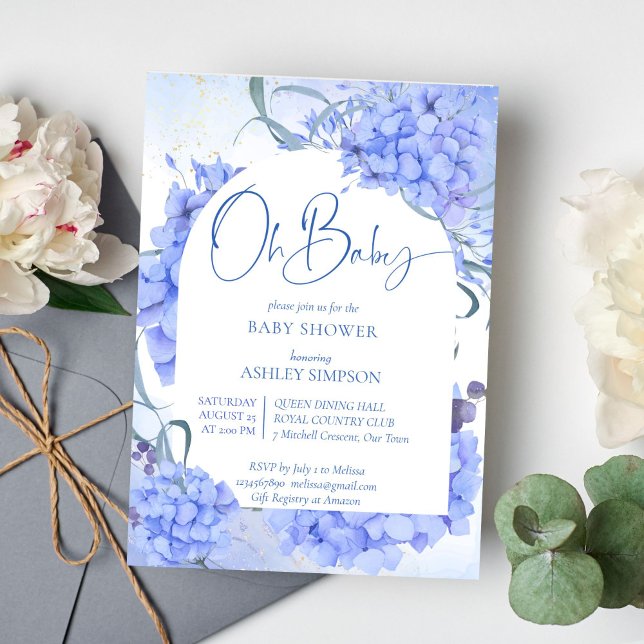 Invitación Oh baby blue horangeas elegante bebé ducha (Oh Baby blue hydrangeas floral arch baby shower invitation modern casual script)