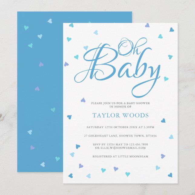 Invitación Oh Baby Blue Love Hearts Baby Shower / Sprinkle (Anverso / Reverso)