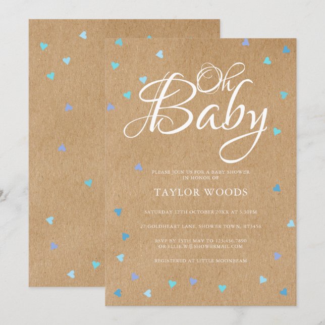Invitación Oh Baby Blue Love Hearts Baby Shower / Sprinkle (Anverso / Reverso)