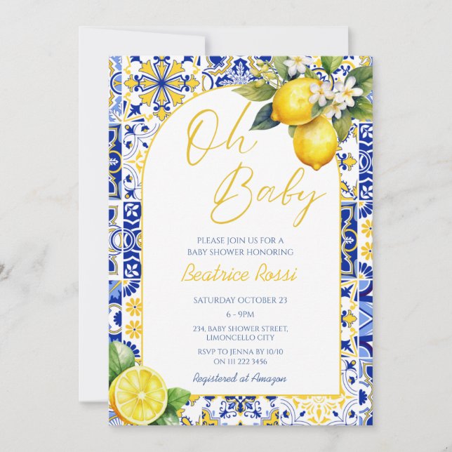 Invitación Oh Baby Blue Mediterranean Tile Lemon Baby Shower (Anverso)