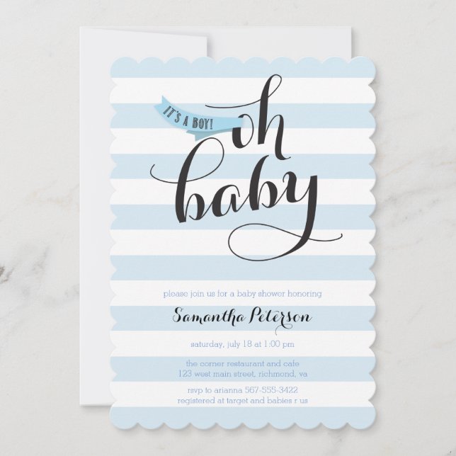 Invitación Oh Baby Blue Stripes Baby Shower Invite (Anverso)