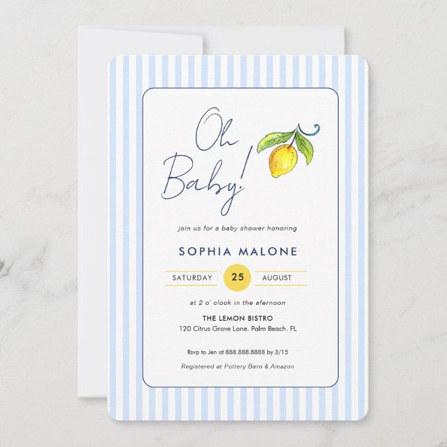 Invitación Oh Baby Blue strips Lemon Baby Baby Baby ducha (Anverso)