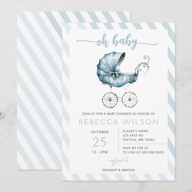Invitación Oh Baby Blue Stroller Pram Boy Baby Shower (Anverso / Reverso)