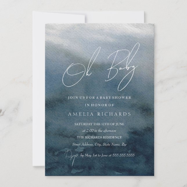 Invitación Oh Baby Blue Watercolor Baby Shower (Anverso)