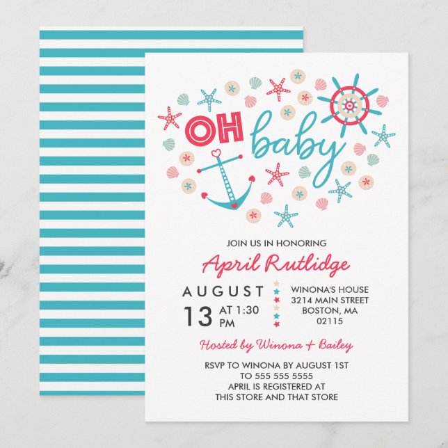 Invitación Oh Baby Blue y Red Nautical Baby Shower (Anverso / Reverso)
