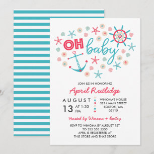 Invitación Oh Baby Blue y Red Nautical Baby Shower