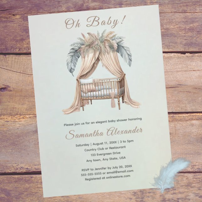 Invitación Oh Baby Boho baby baby (Oh Baby! Boho feathers on crib.  Baby shower invitation. Soft peach, dusty blue. Whimsical.)