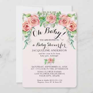 Invitación Oh Baby BOHO Chica de la Ducha Rosa Floral Script 
